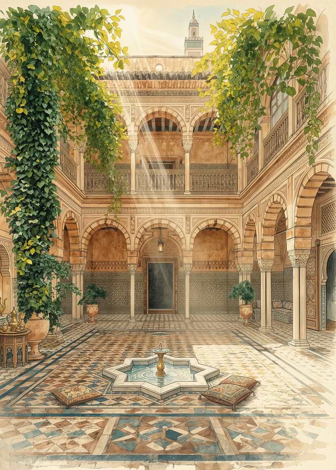 Courtyard with Fountain and Arches
