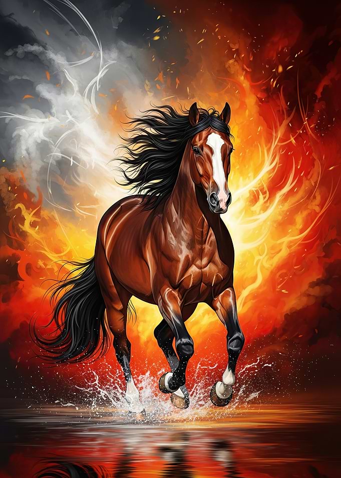 Horse running through fire and water