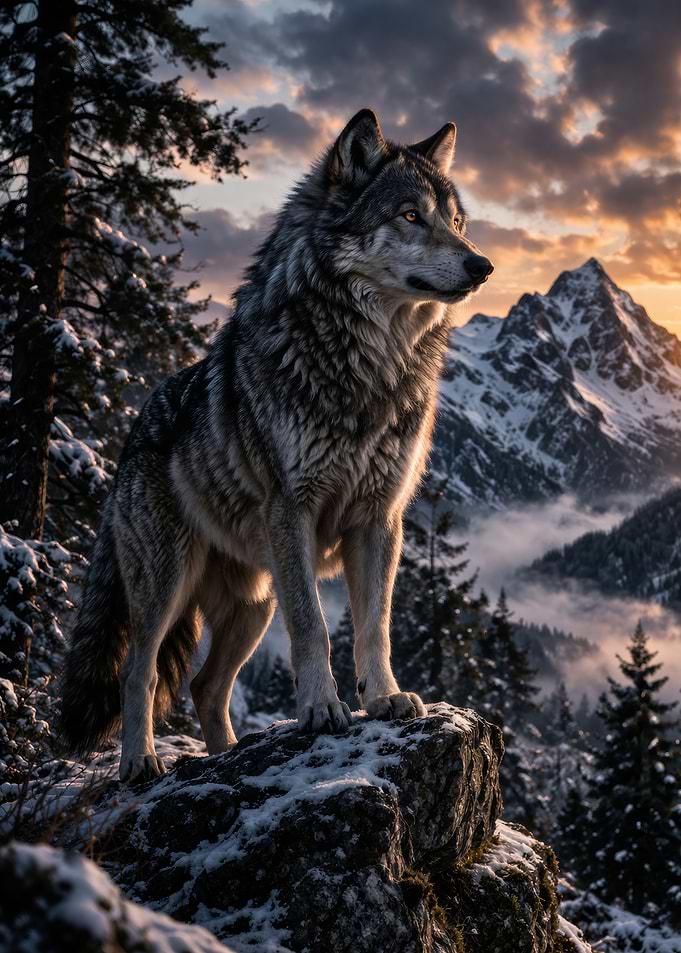 Wolf on a Snowy Mountain Peak