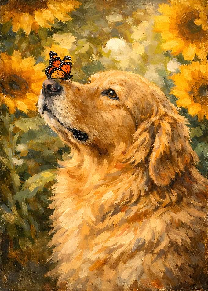 Golden Retriever and Butterfly in Sunflowers