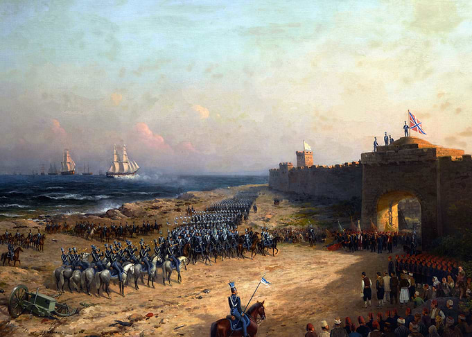 Military Landing Scene with Ships and Fortress