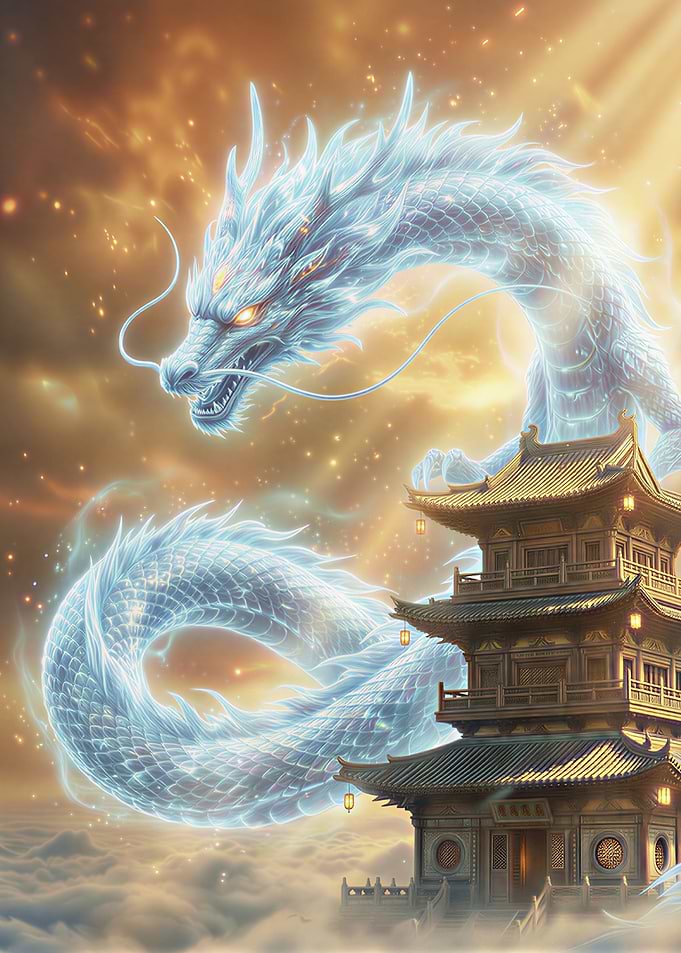 Celestial Dragon Over Asian Pagoda