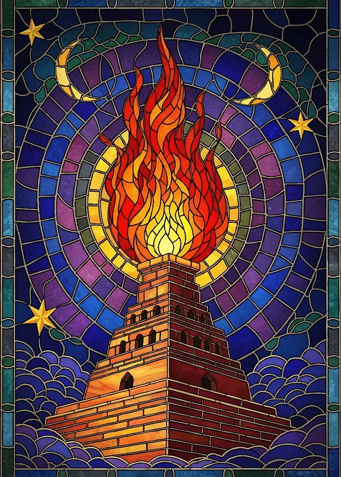 Stained Glass Tower of Babel with Fire