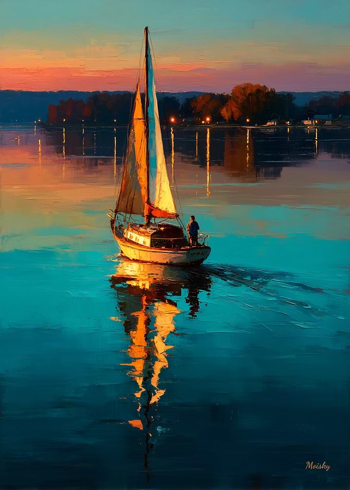 Impressionist Sunset Sailboat Landscape Painting