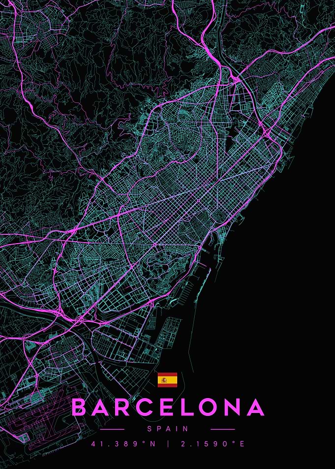 Barcelona Cyberpunk Neon City Map
