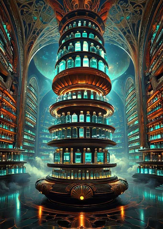 Fantasy Library with Glowing Potions