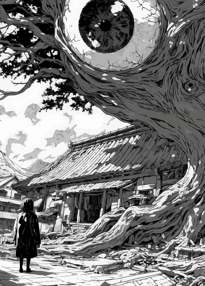Surreal Eyeball Tree Overlooking Ruined Japanese Village