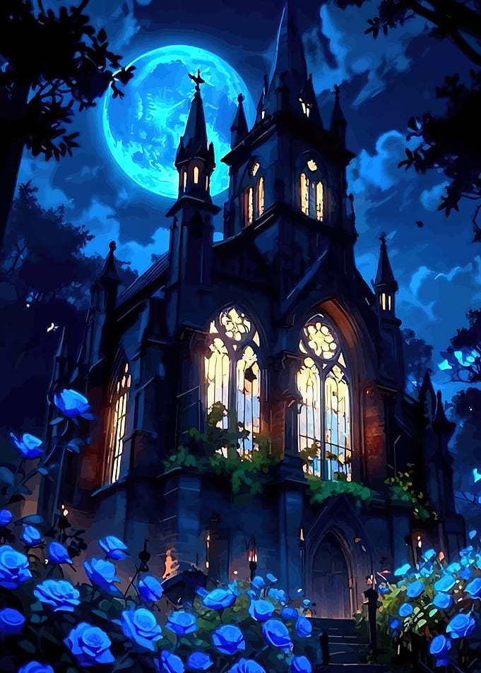 Gothic Church Under a Blue Moon