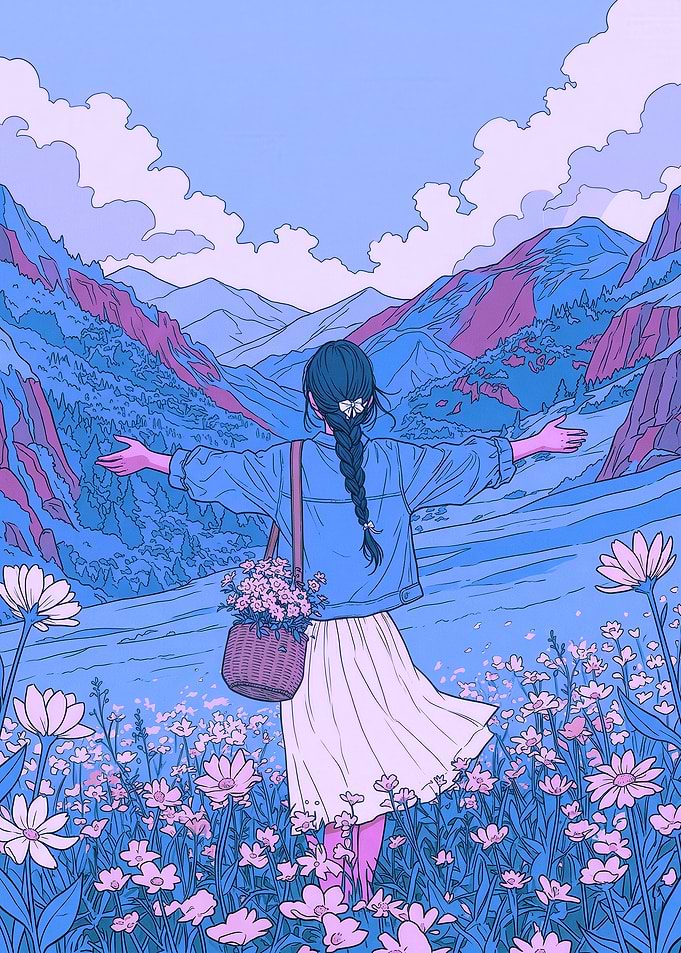 Girl in a flower field with mountains