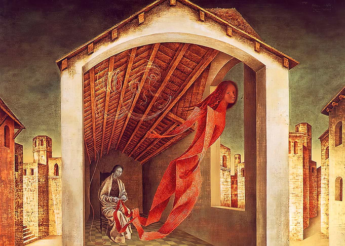 Remedios Varo Surrealist Painting of a Woman Sewing