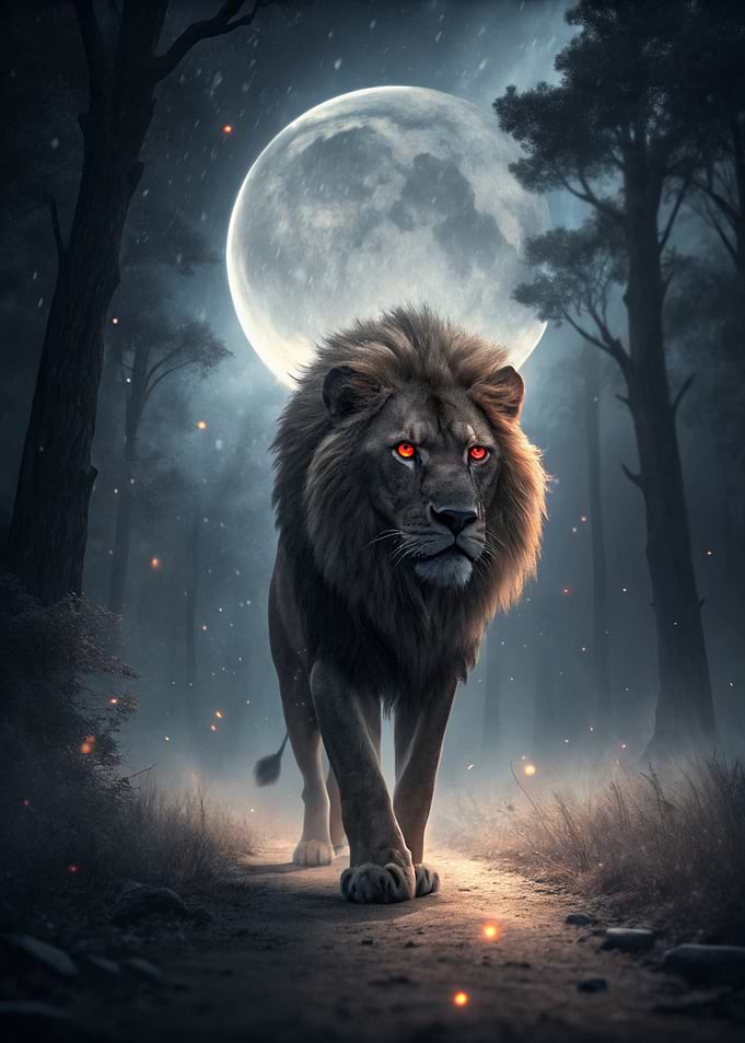 Lion with Red Eyes in Moonlight