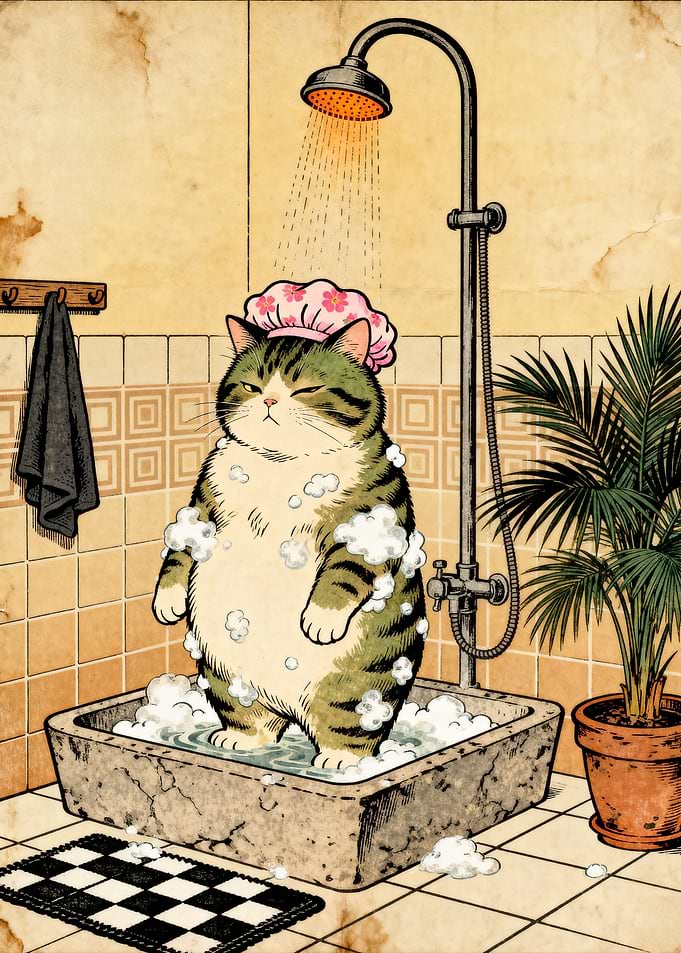 Grumpy Tabby Cat Taking Shower With Bubbles In Bathtub