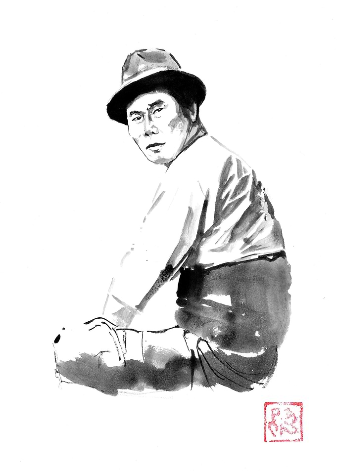 Ink painting of a man in a hat
