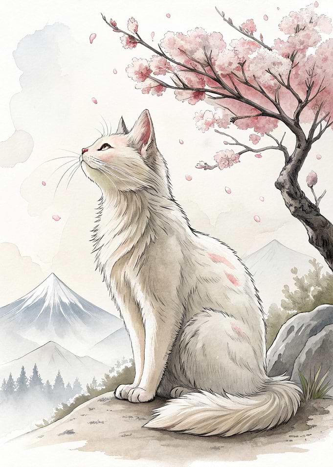 Cat Under Cherry Blossoms