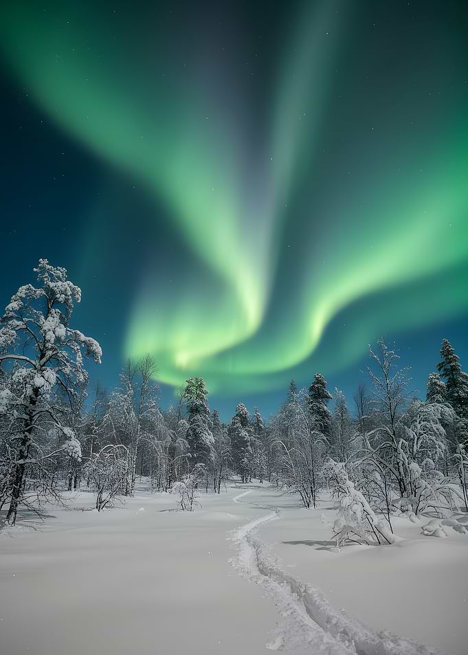 Aurora Borealis over snowy forest