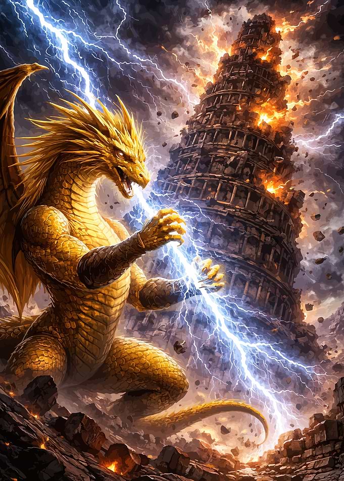 Golden Dragon Unleashes Lightning on Ruined Tower