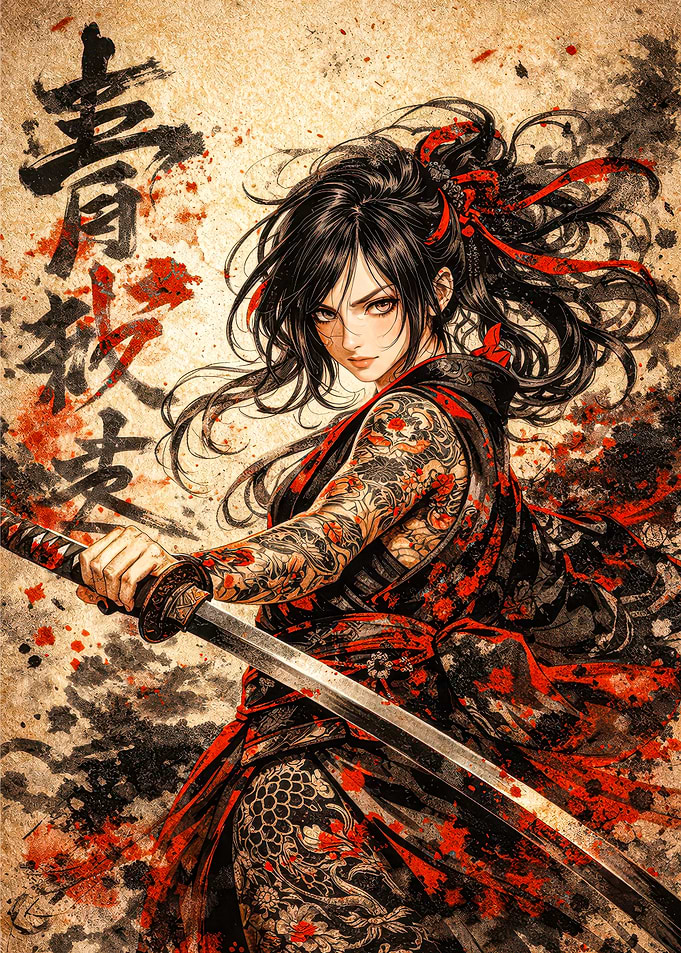 Samurai Woman with Katana and Tattoos
