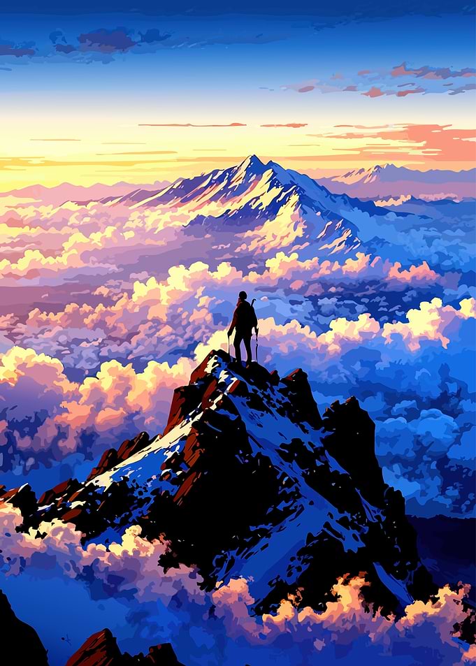 Hiker on mountain peak at sunrise