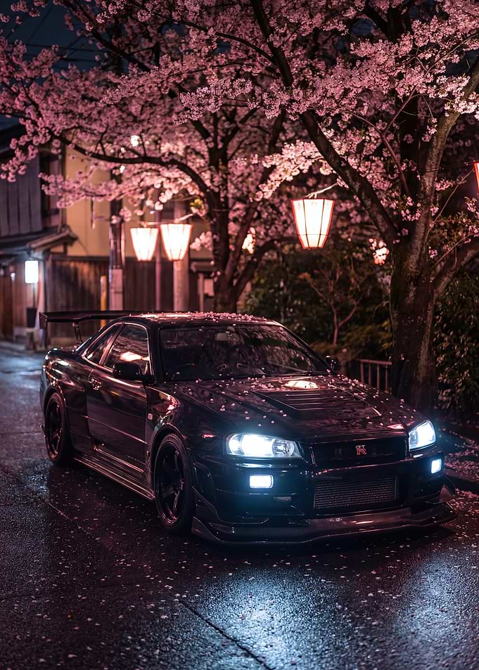 Nissan Skyline R34 Under Cherry Blossoms