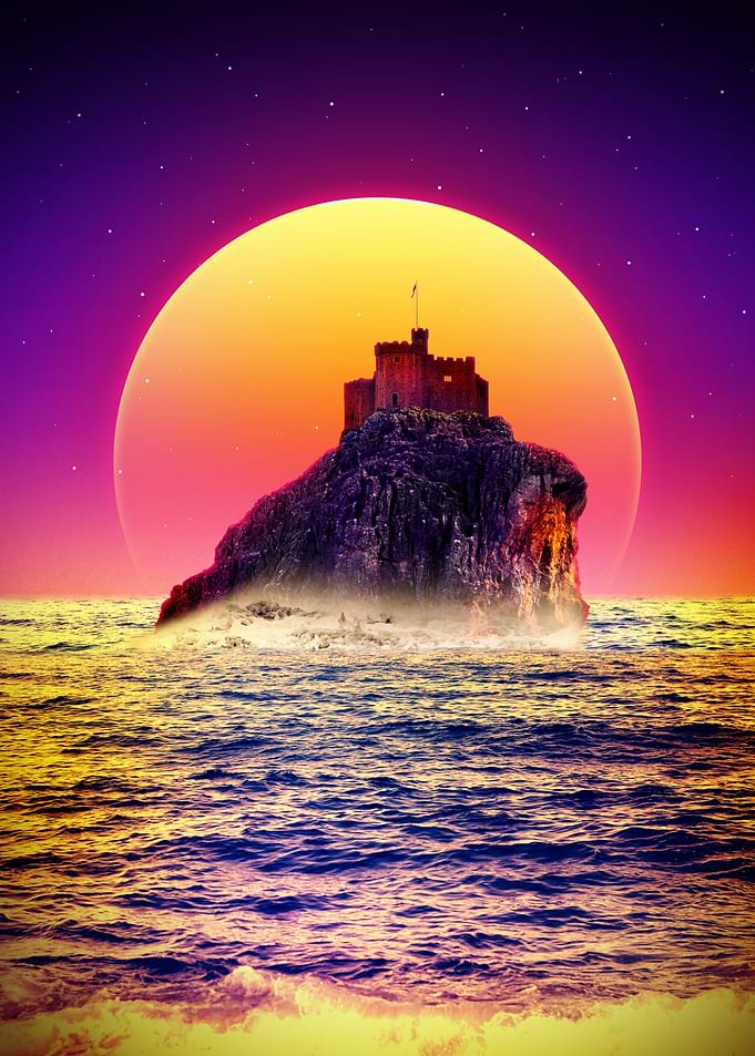 Castle on a rocky island at sunset