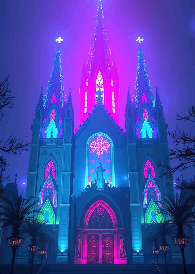 Gothic Church Lit with Neon Lights