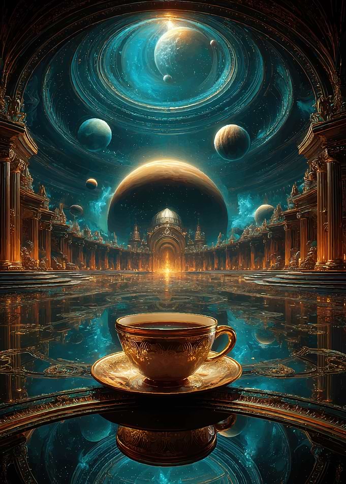 Cosmic Coffee Cup in Ornate Hall