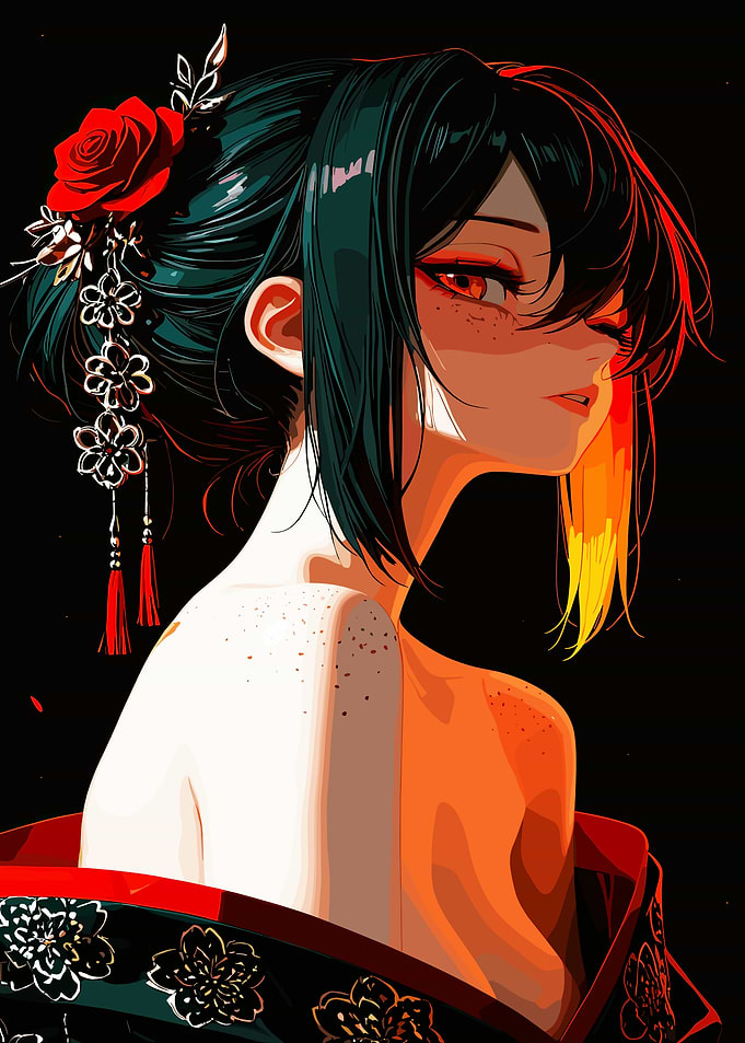 Anime Girl with Red Rose Hair Ornament