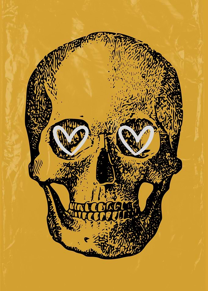 Skull with Heart Eyes on Yellow Background