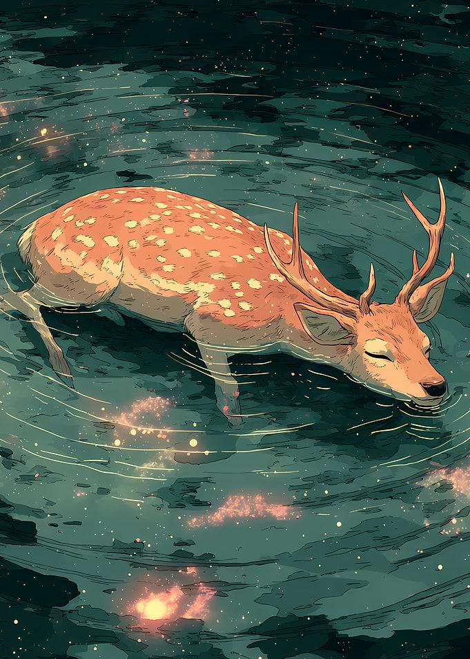 Deer swimming in starry water