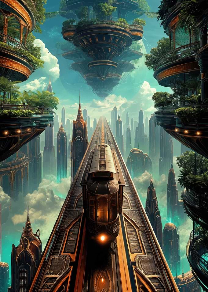 Futuristic Cityscape with Train