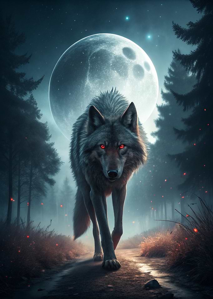 Wolf in a mystical forest under the moon