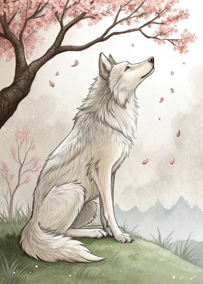 White wolf under cherry blossoms