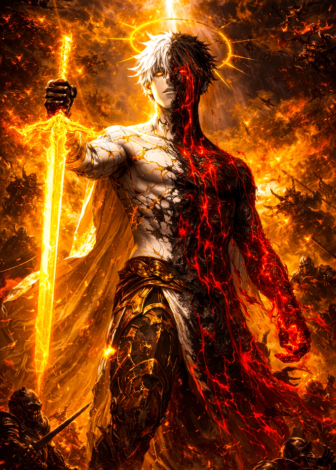 Fiery Warrior with Glowing Sword