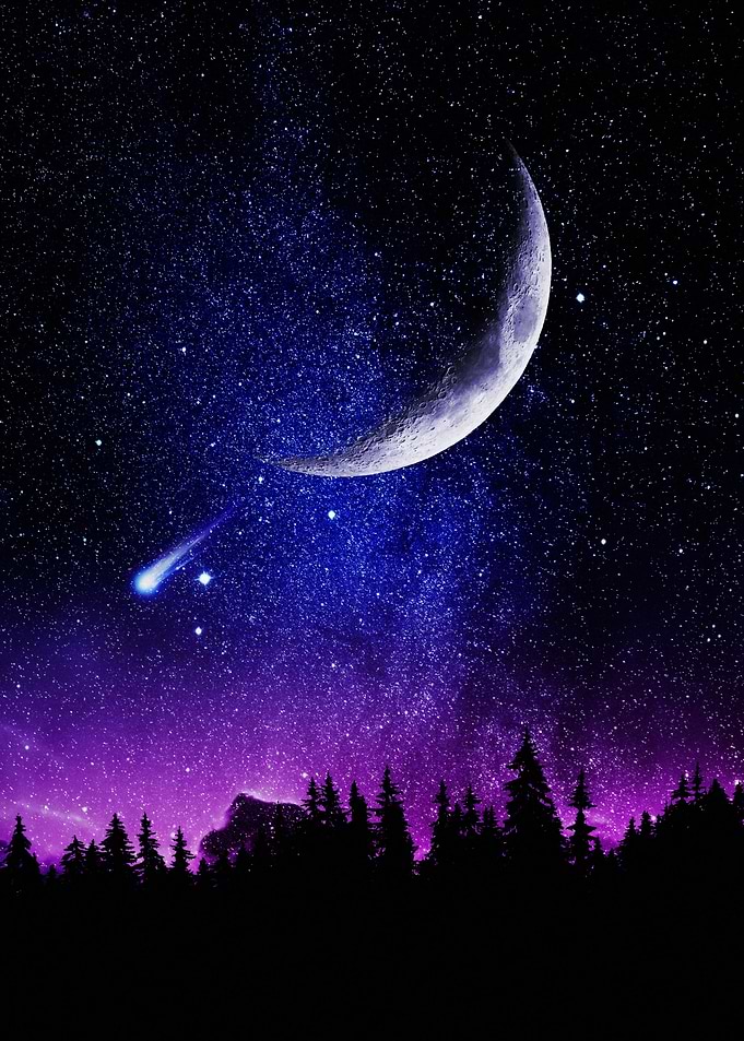 Night Sky with Crescent Moon and Shooting Star