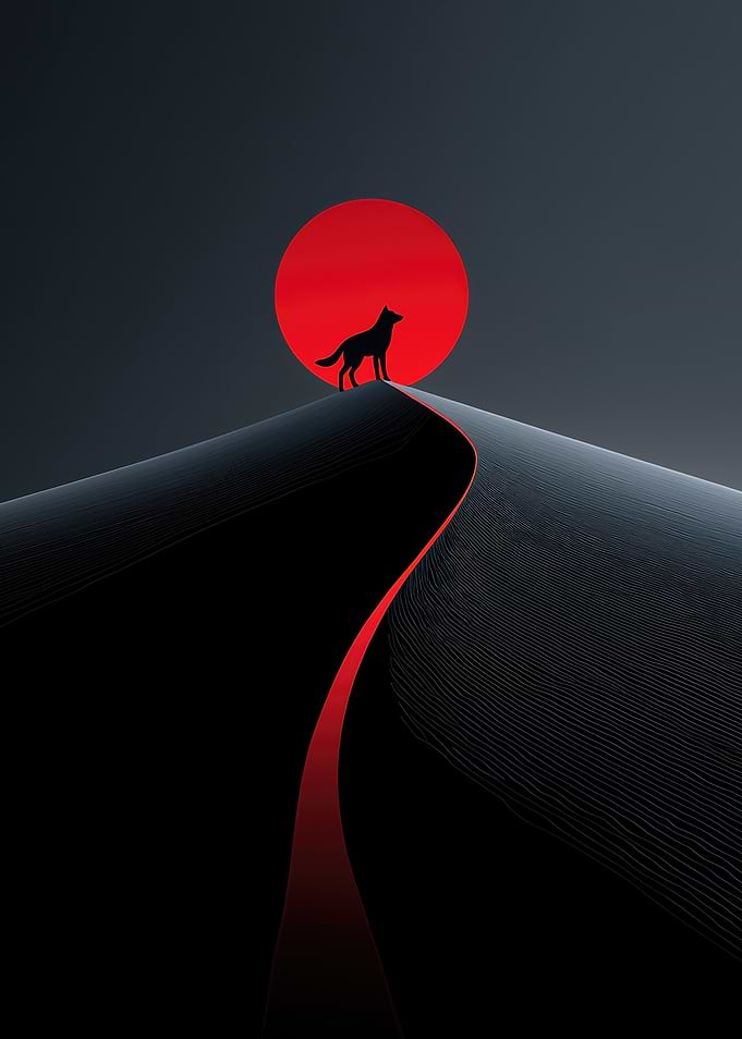 Lone Wolf on Dune Under Red Moon