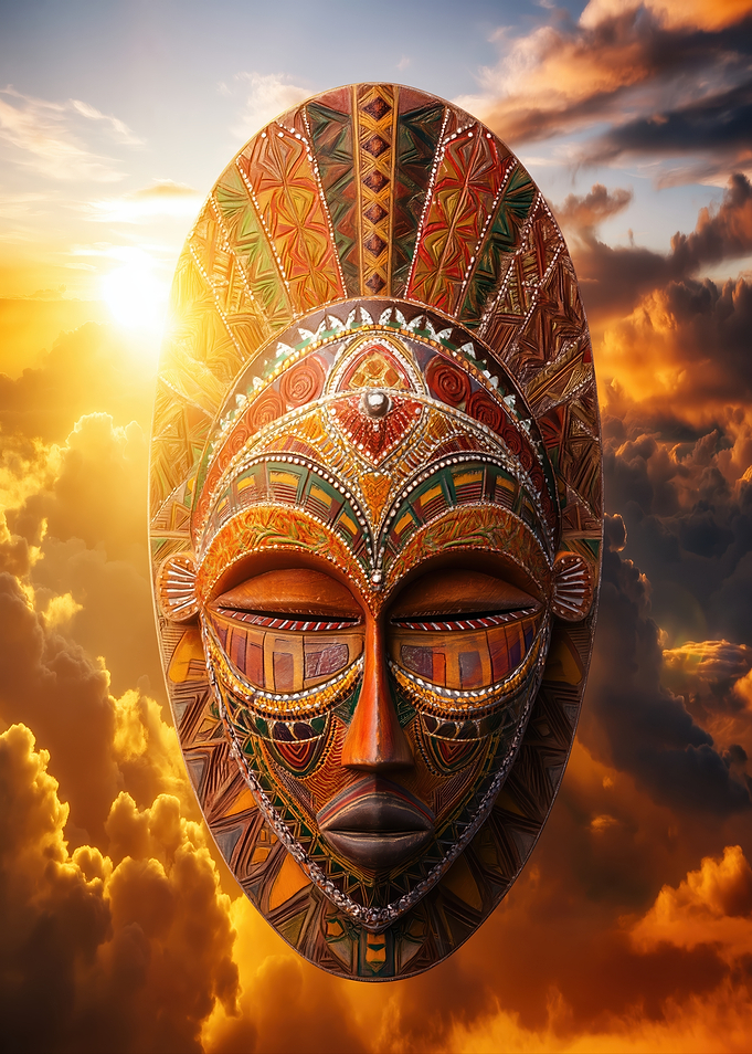 African Tribal Mask in Sunset Sky