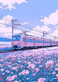 Train in a field of flowers