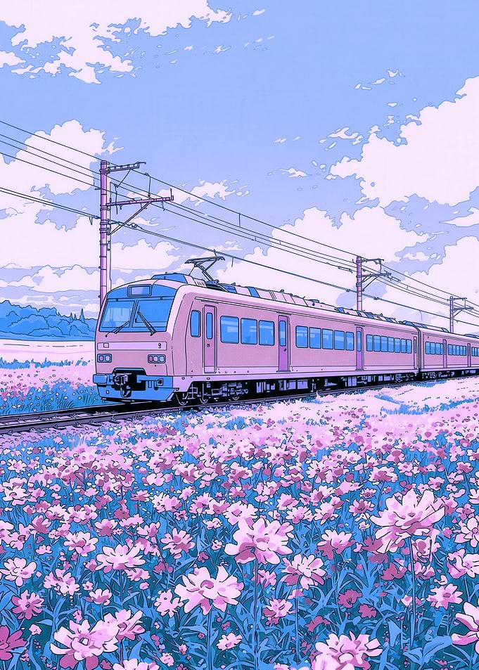 Train in a field of flowers