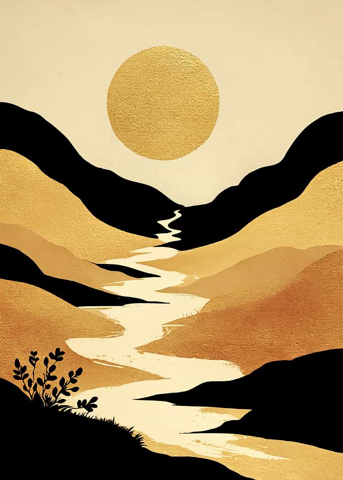 Golden Sun Over Mountain River Landscape