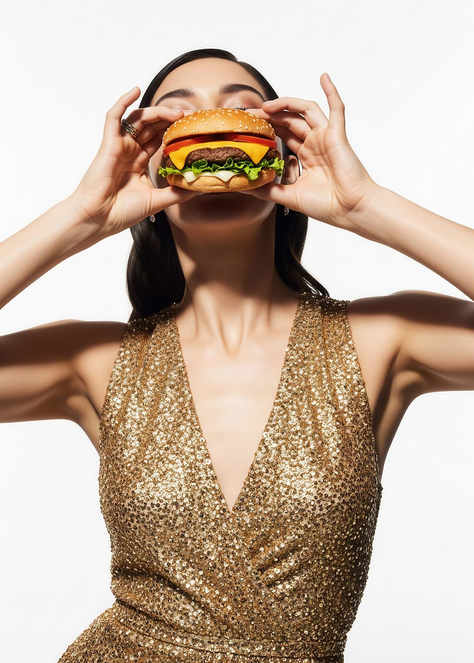 Woman in sequined dress holding a burger