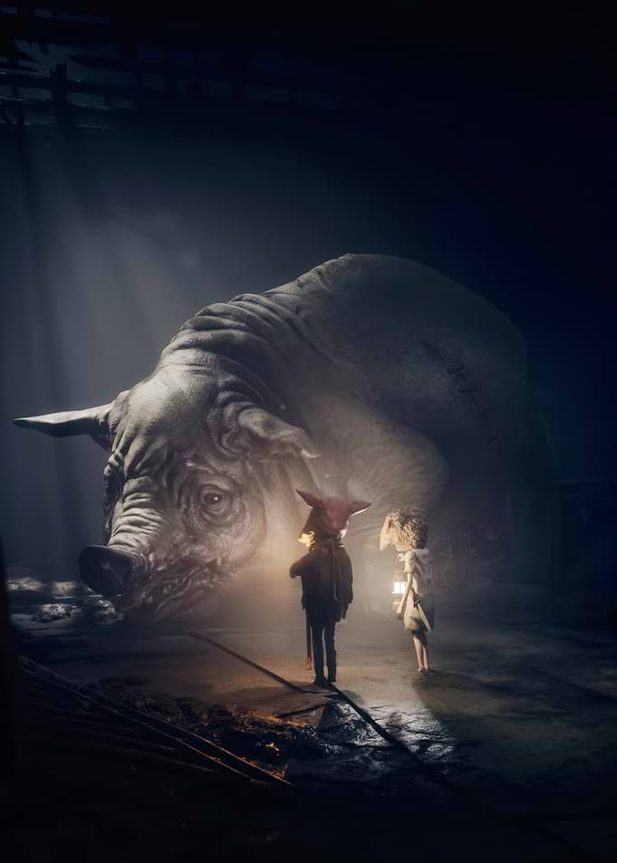 Two children face a giant pig