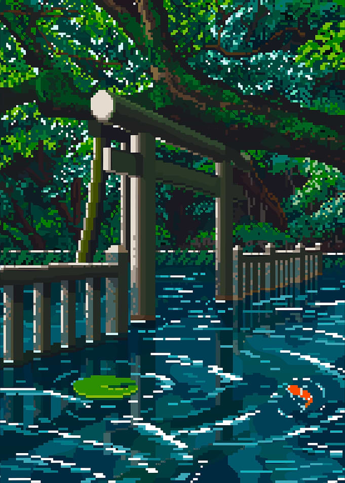 Pixel Art Japanese Shrine Pond