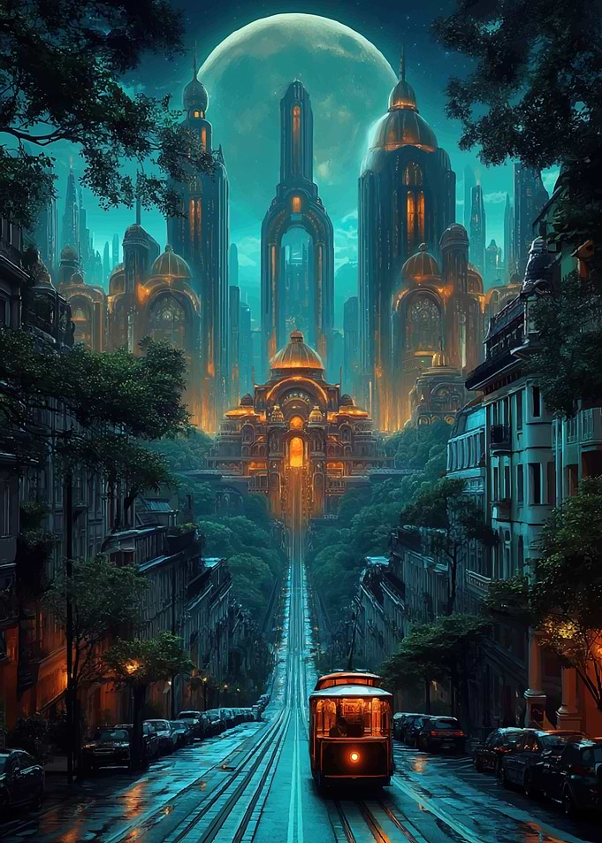 Futuristic Cityscape with Tram