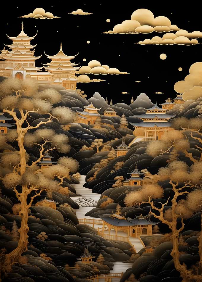 Golden Asian Pagodas in a Mountainous Landscape