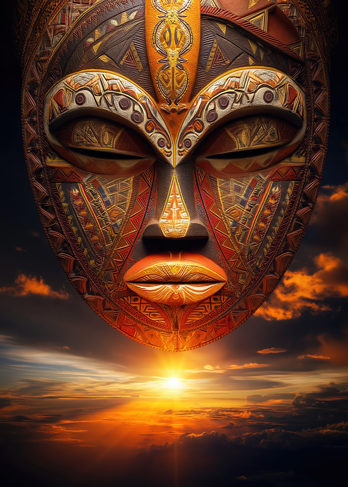 Tribal Mask Over Sunset Sky