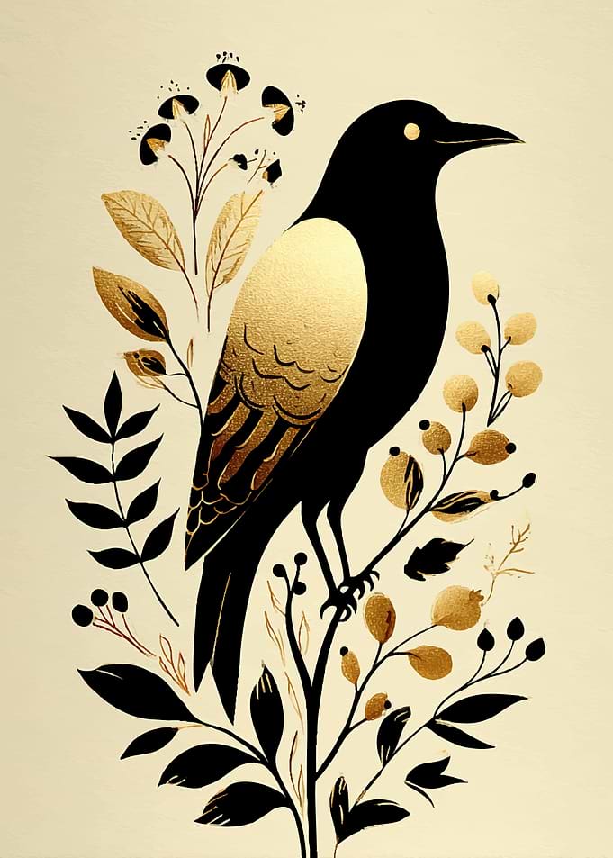 Black bird with gold accents on branches