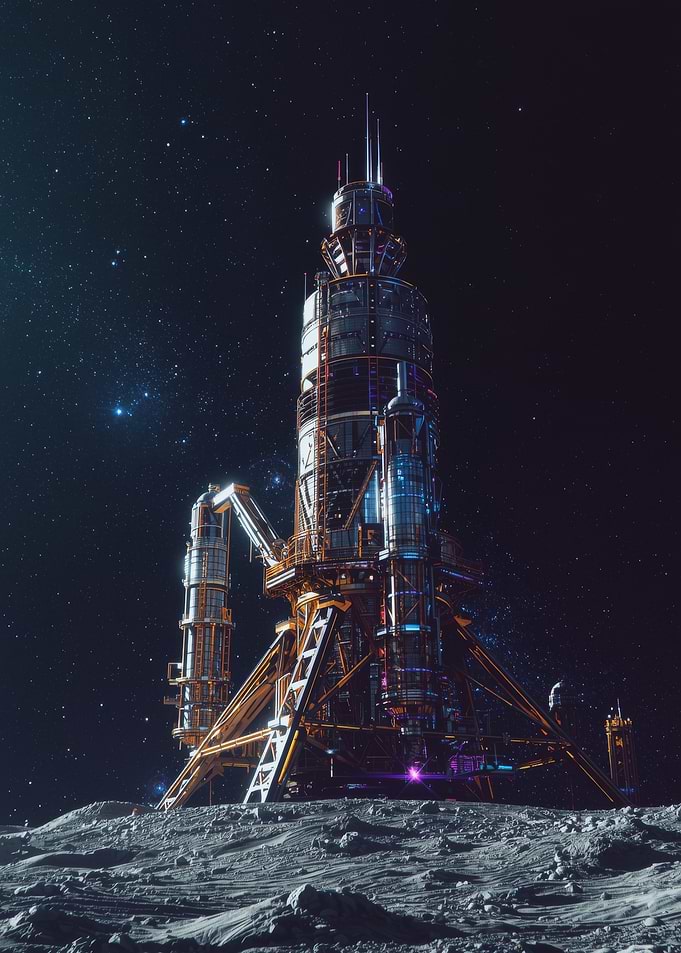 Futuristic Digital Art Rocket on Moon Surface