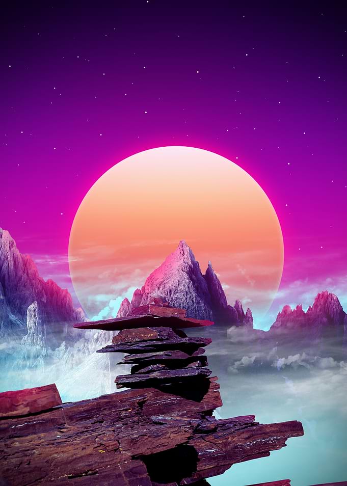 Rock balancing in retro sunset