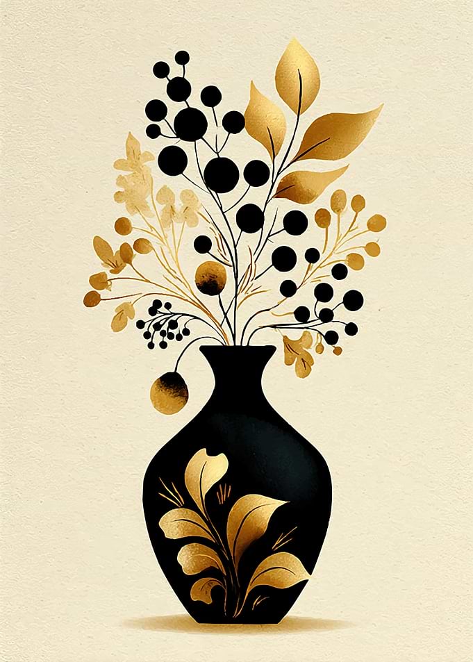 Black vase with golden floral arrangement