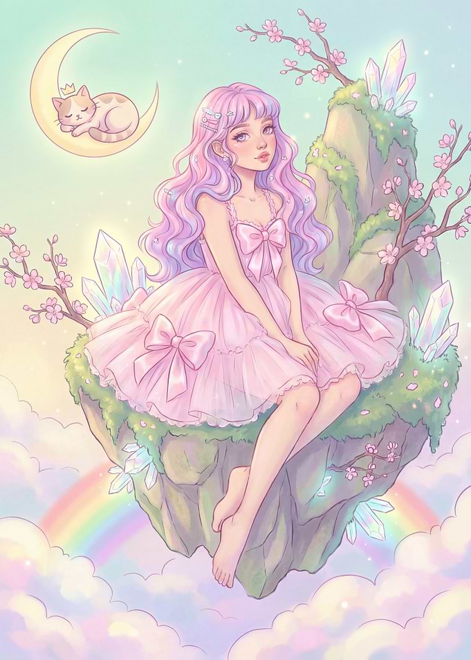 Dreamy Floating Island with Girl and Cat